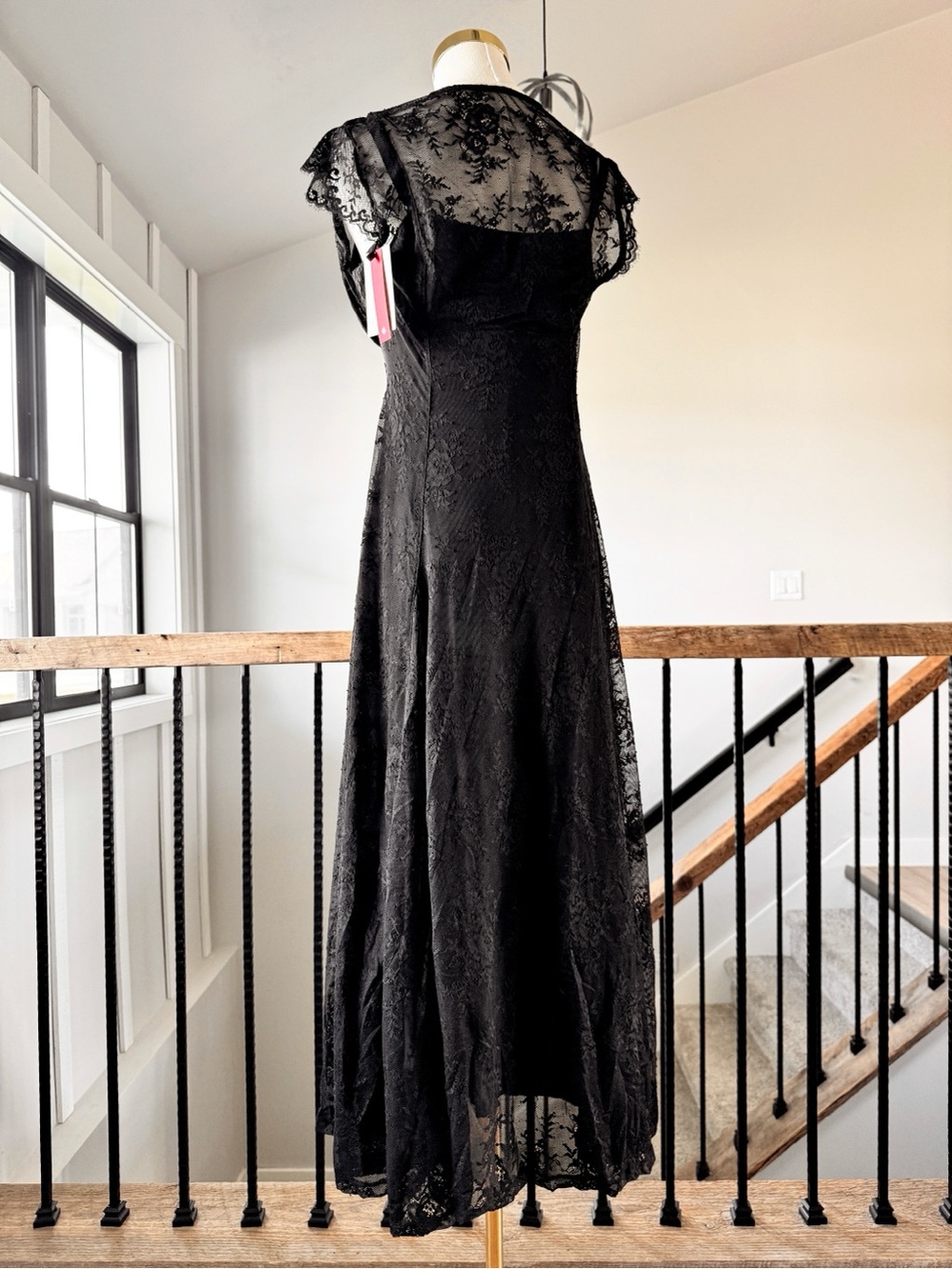 Sz L Popilush Black Shapewear Boho Floral Lace Front Slit Maxi Dress NWT - Picture 5 of 12